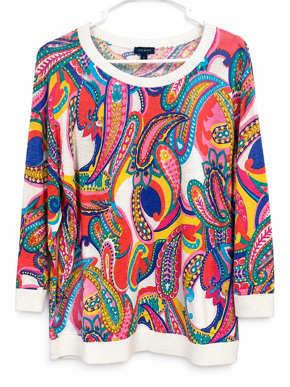 Talbots Multicolor Paisley Crewneck Sweater with White Trim